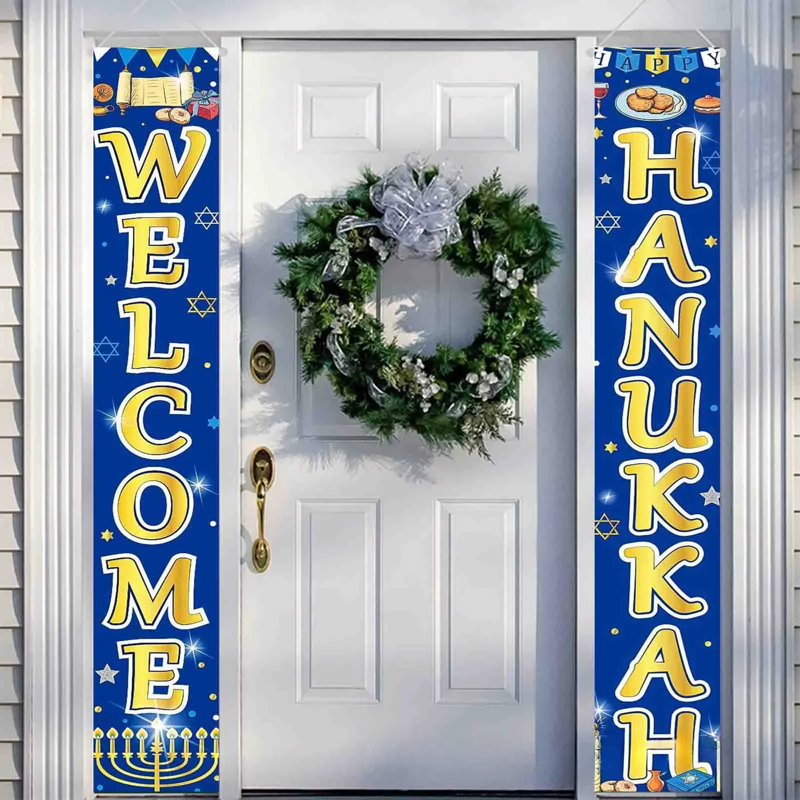 Couplets Chanuka Happy Hanukkah Znak na werandę z gnomami Dreidel Chanuka Menora Wzór Dekoracja drzwi dla żydowskiej Chanuki