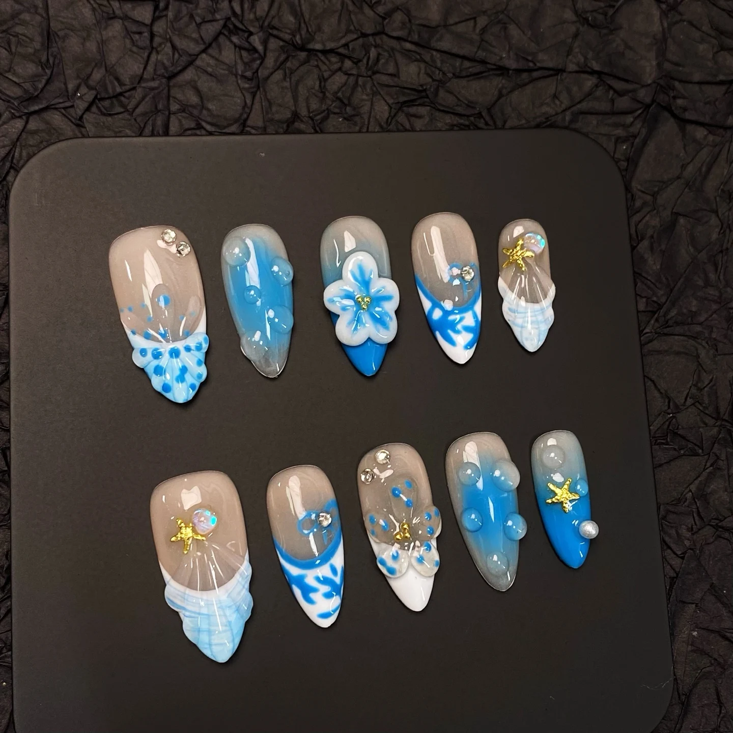 

10 шт., накладные ногти ручной работы, короткие миндально-синие накладные ногти, популярные накладные ногти с изображением рыбной звезды, спрей, полное покрытие, носимые девушки