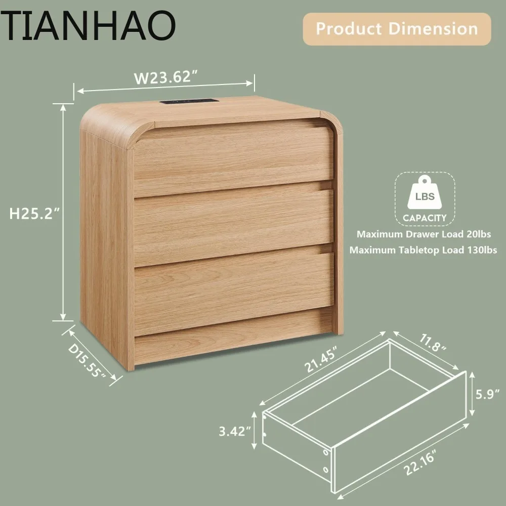 25 Inch Contemporary Nightstand with Charging Dock, 23.6 Inch Wide Wooden Side Table featuring 3 Drawers, Compact Dresser with R