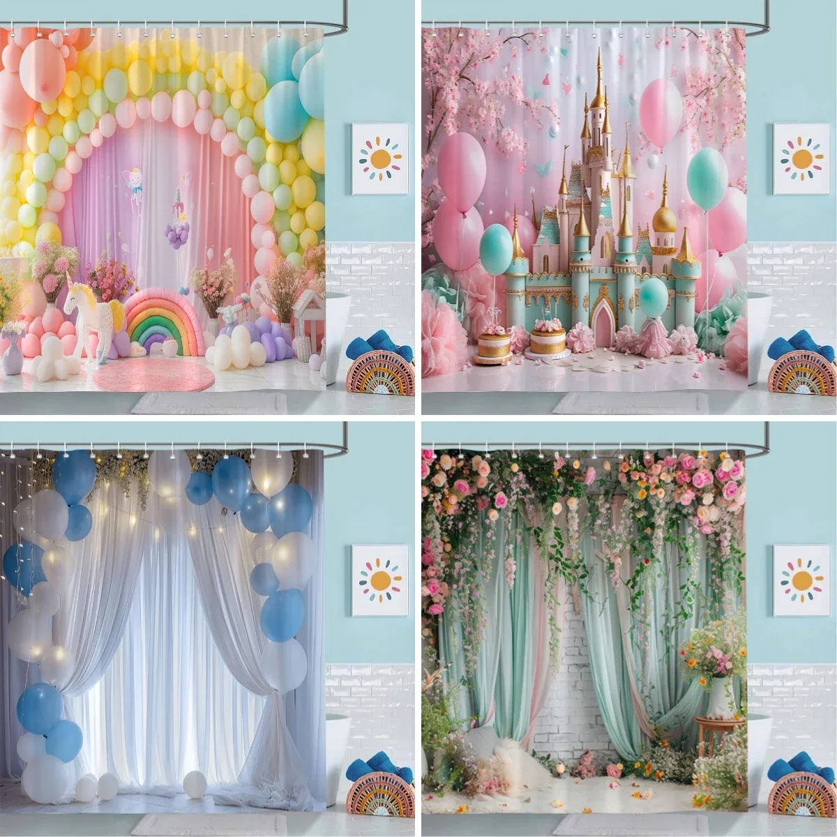 Rainbow Castle Balloon Flower Print Shower Curtain Holiday Background Fabric Decor Curtain Polyester Bath Curtain Bathroom Decor