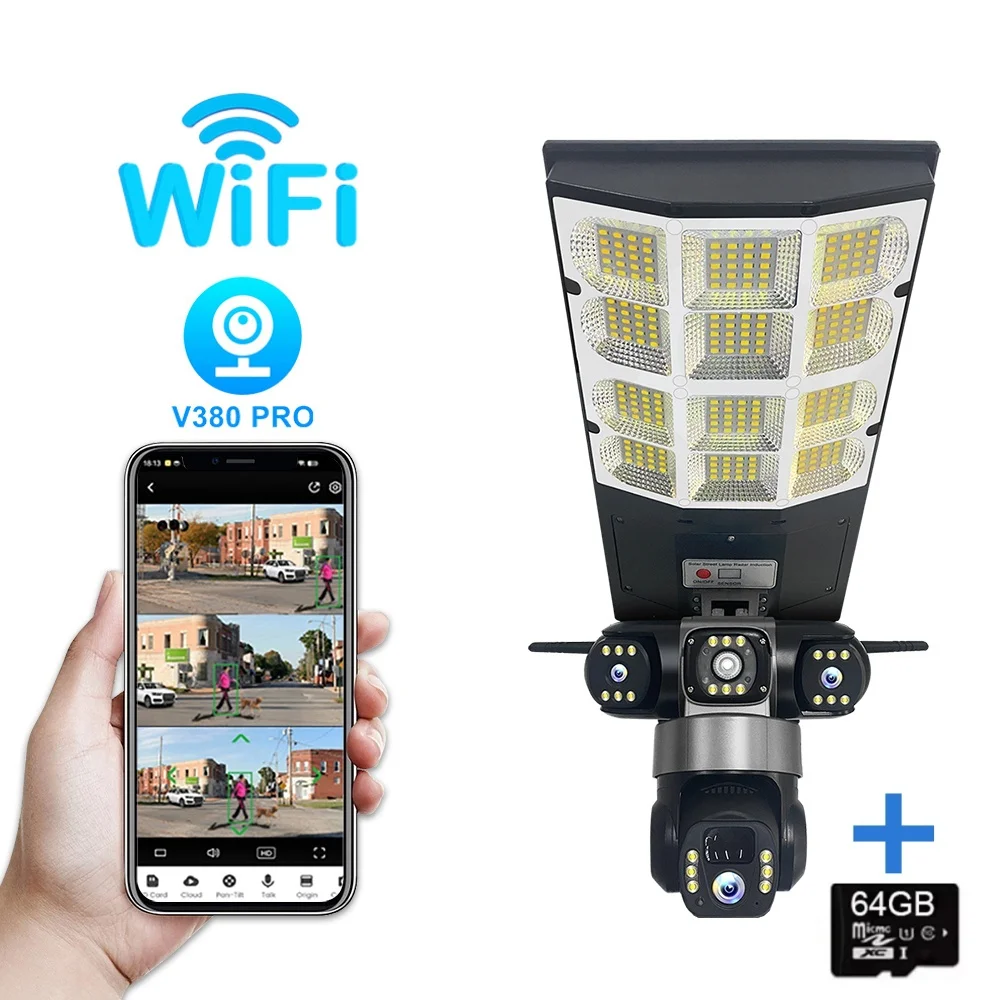 Solar WIFI Straatlantaarn HD Camera 15MP 10X Zoom Drie Lens Opname Humanoïde Tracking Buitencamera's LED Lamp Afstandsbediening