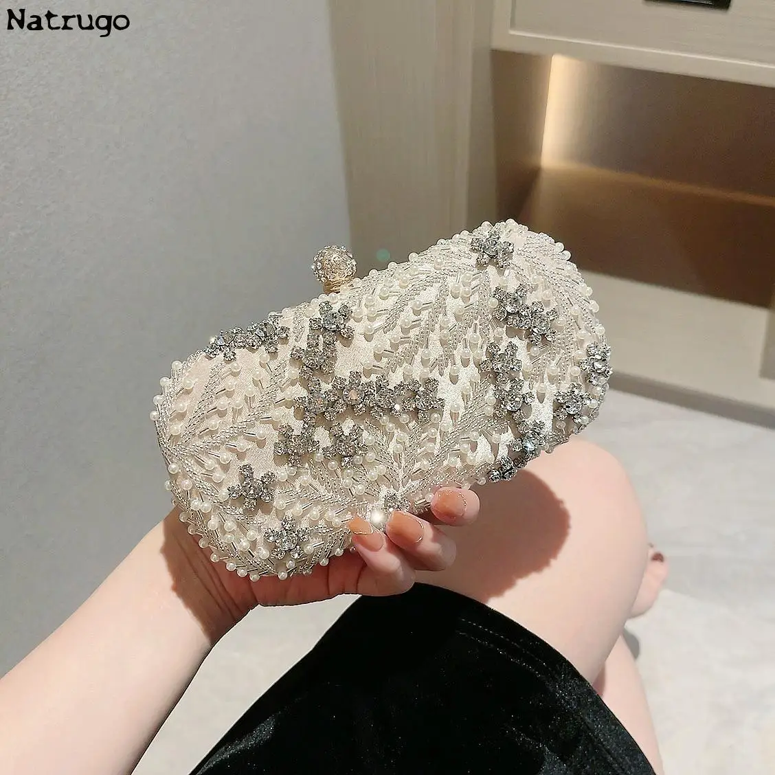 Shiny Handmade Party Bag Dazzling Flower Women Crystal Pearl Clutch Evening Bags Hollow Out Wedding Shoulder Handbag And Purse