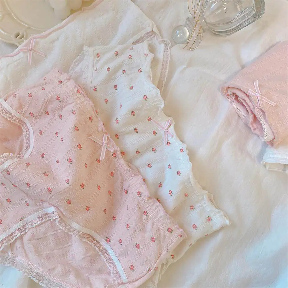 Japanese Lolita Sweet Underpants Cute Girl Cotton Comfortable Soft Briefs Pink Floral Minimalist Breathable Soft Women Panties