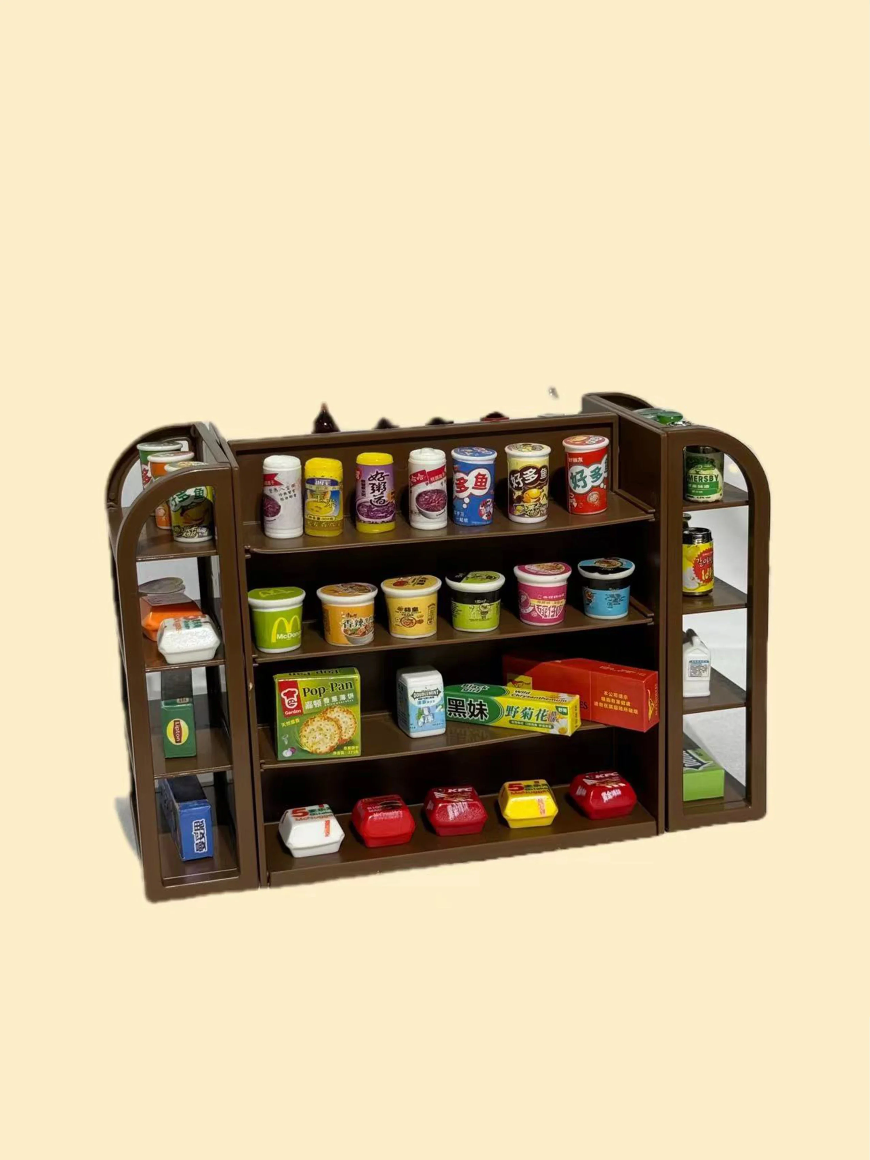 Simulation mini supermarket four-sided shelves miniature food doll house ornament beverage snack seasoning model