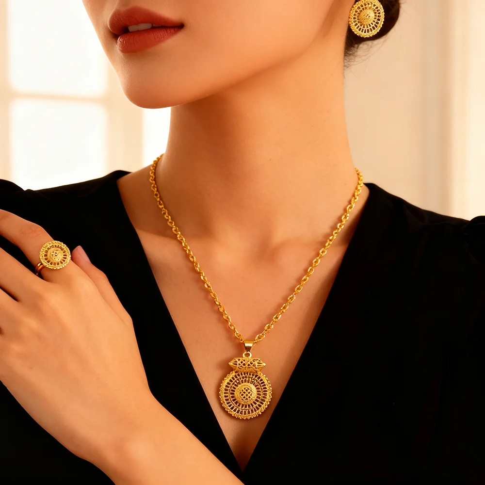 

Luxury Arabic Gold Wedding Jewelry Set Gold Plated Dubai Bridal Necklace Earrings Ring Nigeria Women Vintage Jewelrys Gift