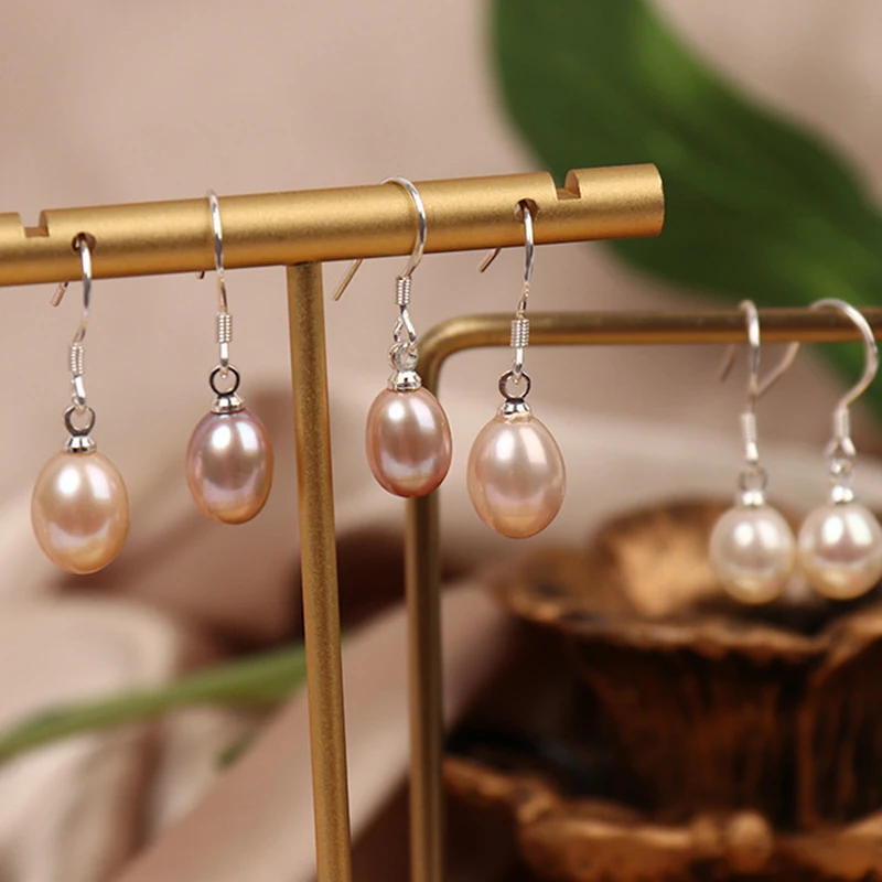 

S925 sterling silver natural freshwater pearls drop-shaped rice beads 7mm simple earrings ladies classic models of jewelry