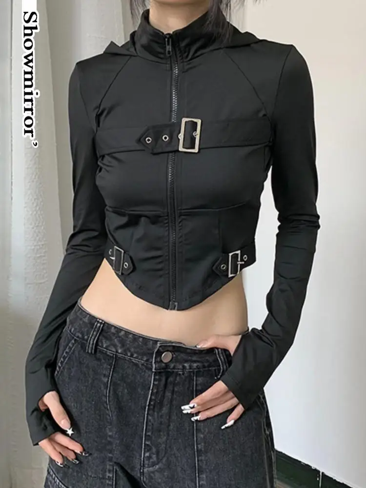 Sporty Techwear Chic Motorcycle cropped top tshirt for women Long Sleeve Slim T-shirt Rock Buckle Streetwear Hoodie 