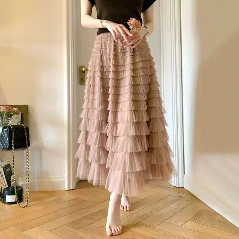 Women Runway Fashion Layered Ruffles High Quality Mesh Sheet Midi Long A Line Skirts Casual Basic 4 Seasons Bottom