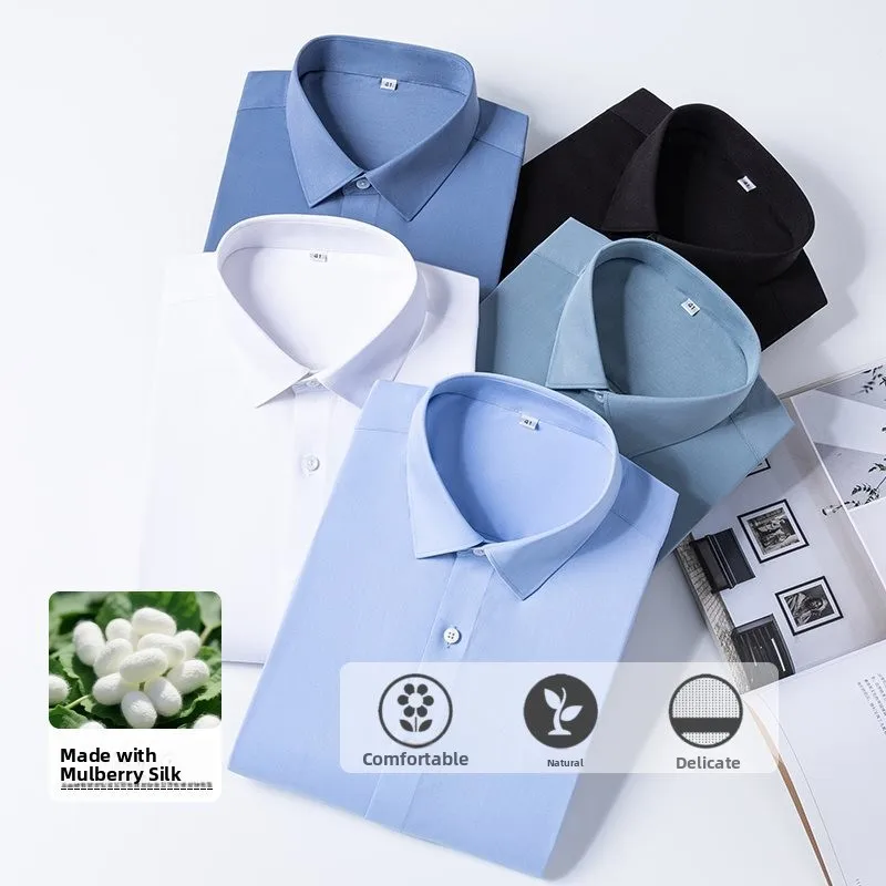 Long Sleeve Men's Business Shirt Smooth Silk Drape Breathable Anti-Wrinkle Iron-Free White Dress Shirt for Professional Use