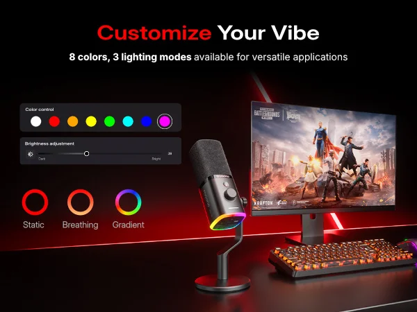MAONO PD100W Wireless USB Dynamic Microphone Cardioid Microphone with One-Touch Mute Noise Reduction Custom RGB Light Real-Time Monitoring Microphone for PC Gaming Live Streaming Creator Podcast