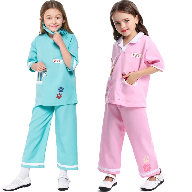 ชุดคอสเพลย์งานฮัลโลวีนสำหรับเด็กชุดเด็กเล็กเด็กผู้หญิงสัตวแพทย์ชุดคอสเพลย์คุณหมอสัตว์ชุดแสดงสีชมพูสีน้ำเงิน