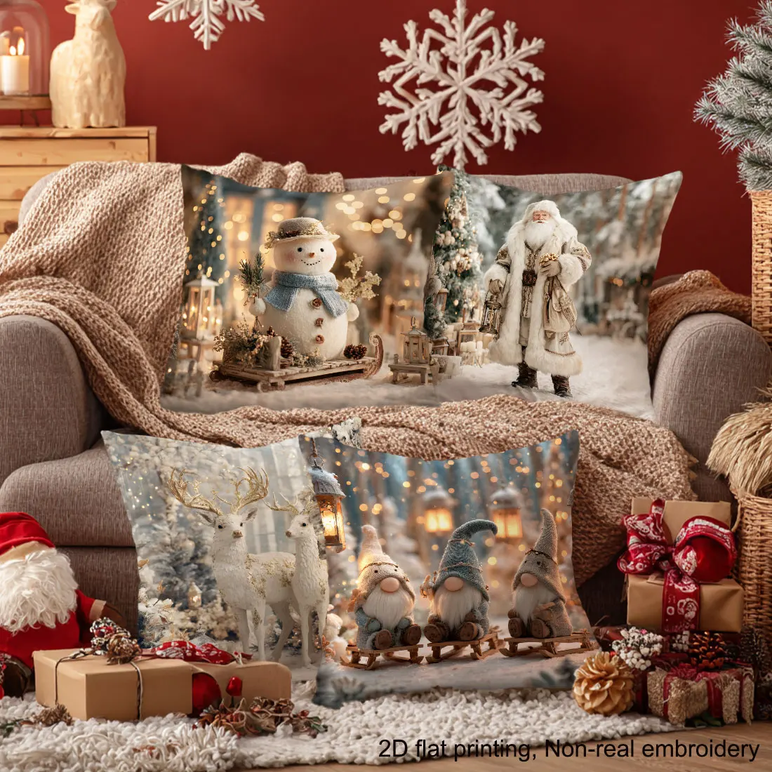 45cm Christmas Throw Pillow Cover,gold White Christmas Snowman Santa Claus Elves Reindeer  Design for Christmas Home Sofa Decor