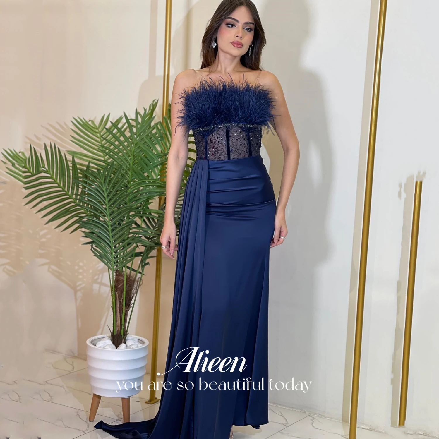 

Feather Party Dress for Wedding Guest Dresses for Women Navy Blue Luxurious Women's Evening Dresses Ladies Eid Al-fitr Satin