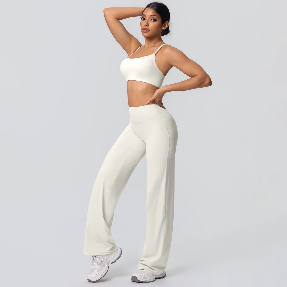 Frauen Gym Sport Yoga Anzug Sexy Schöne Zurück Yoga Unterwäsche Mit Brust Pad Einfarbig Hohe Taille Breite Bein Hosen Yoga Set – Detail 29