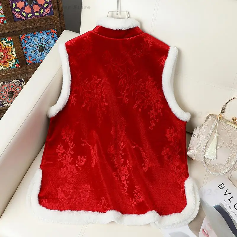 Women New Chinese Style Jacquard Waistcoat Autumn Winter Thick Vintage Button Tank Top Hanfu Inspired Tang Top Outerwear