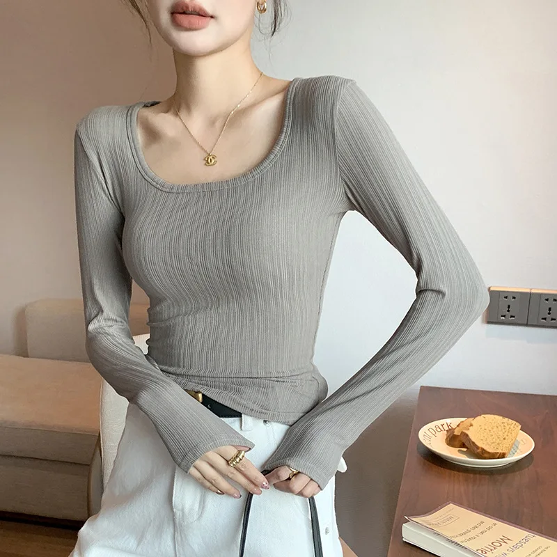 Women's Round-Neck Stretchy Soft Long-Sleeve T-Shirt Slim-Fit Breathable Versatile.