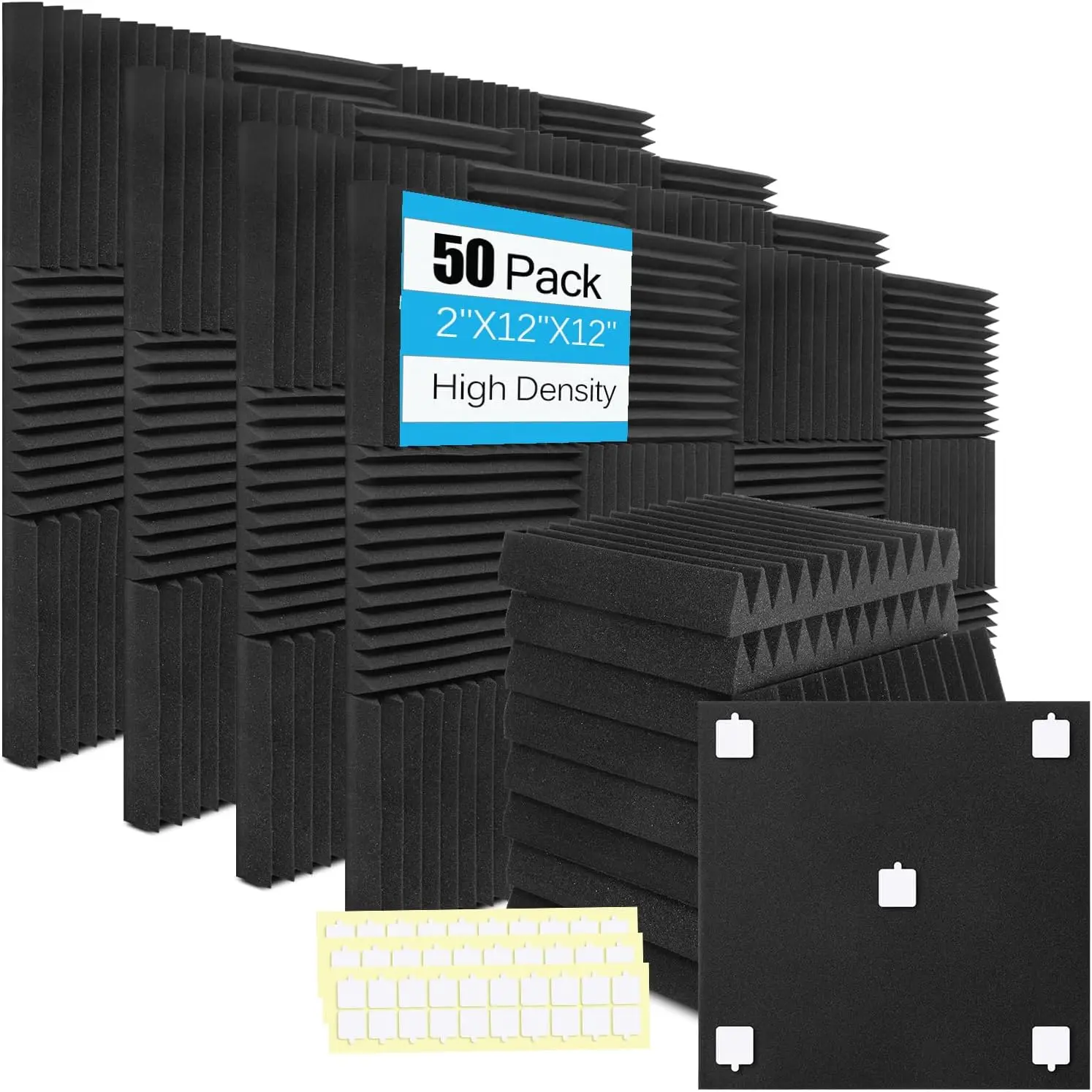 

Acoustic Panels Foam for Walls, 2"x12"x12" High Density Sound Absorbing Panels for Studio Recording, 50 Pack Black