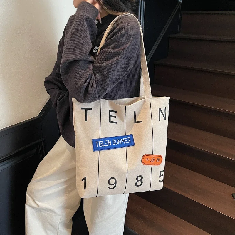 

Simple Canvas Tote Bag Large Capacity Casual Shoulder Bag Women Japanese Style School Bag Letter Print Cloth Shopping Handbag