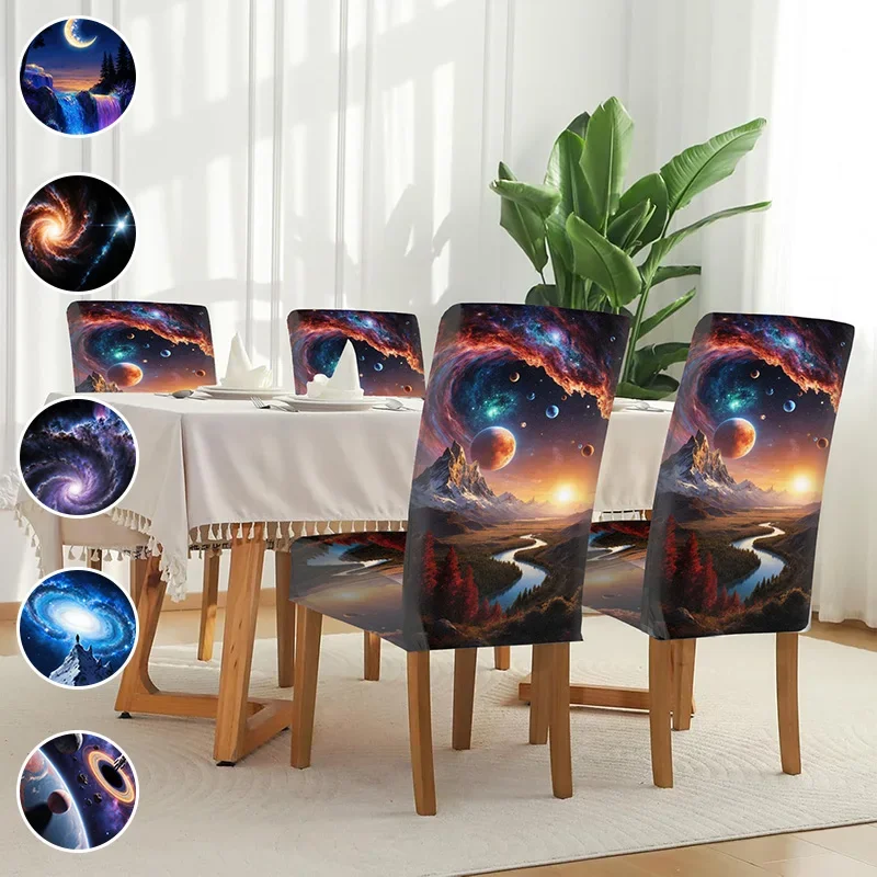 Elastic printed dining chair cover, removable and washable scratch-proof dining chair cover, romantic cosmic starry sky pattern