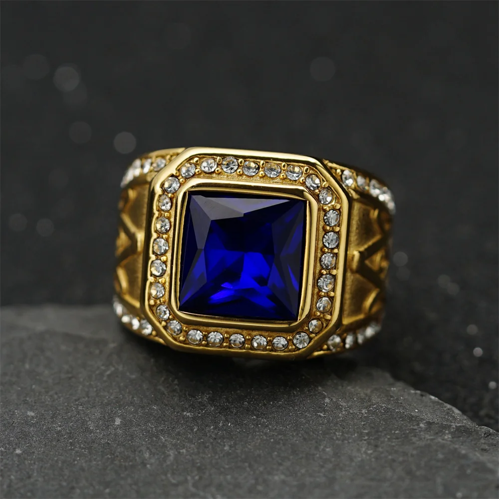 European And American Cross-border Popular Stainless Steel Inlaid Colored Gemstone Freemason AG Vintage Ring, Available In Stock
