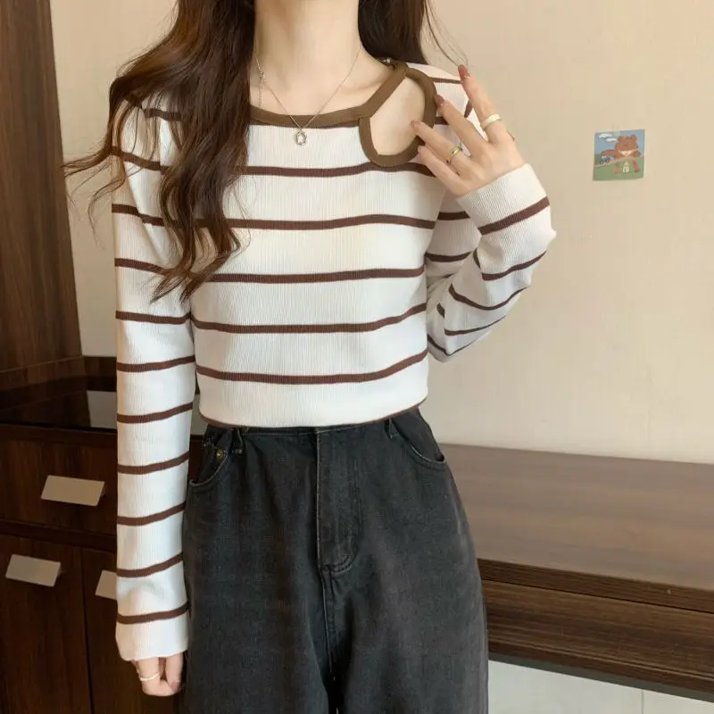 French Striped Carefully Machine Hollowed Out Long Sleeved Knitted Undershirt Women's Top