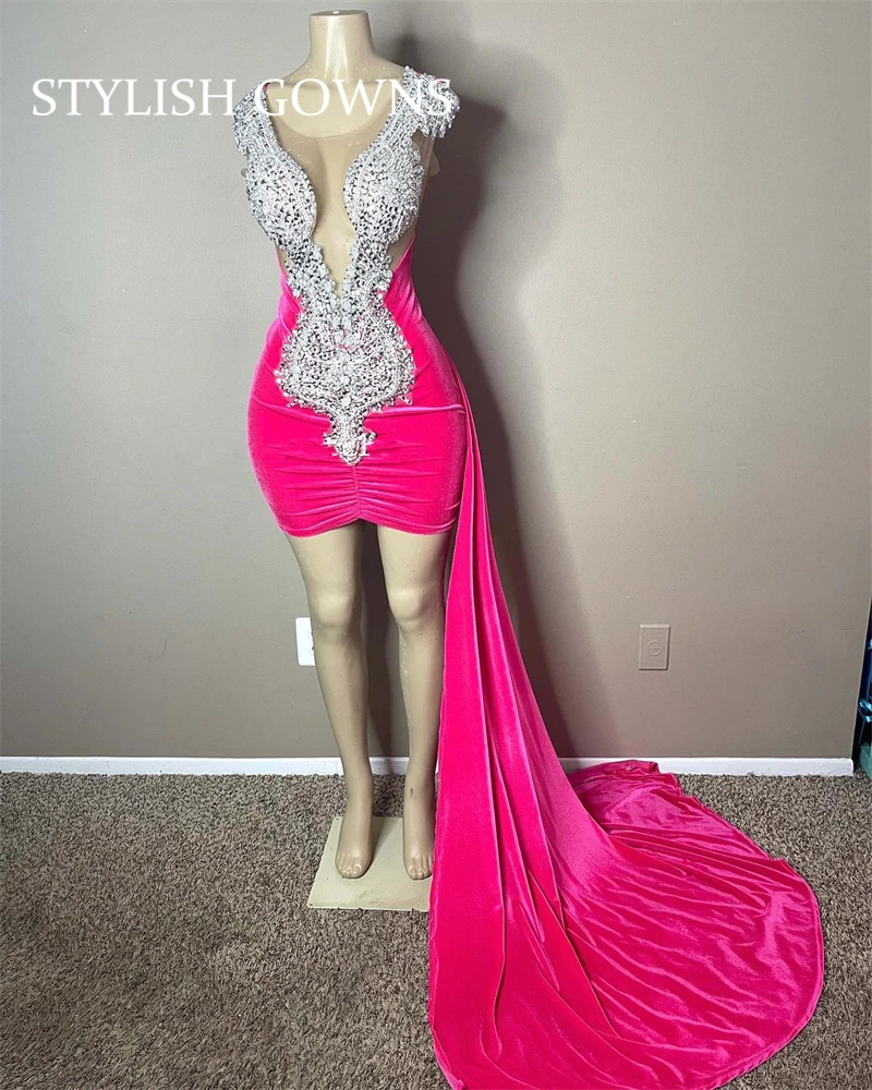 Sexy Pink Short Prom Dress Beaded Crystal Celebrity Gown Mermaid Birthday Party Dresses Mini Cocktail For Black Girls Customized