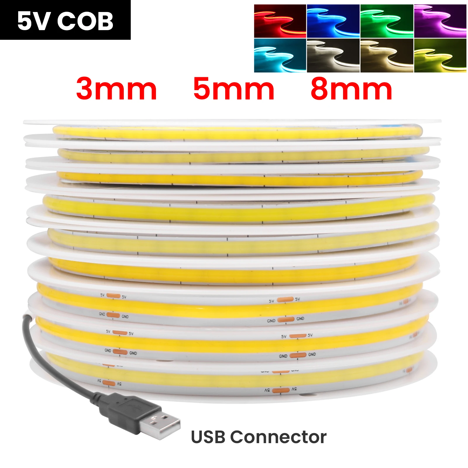 DC 5V USB COB LED Strip 3MM 5MM 8MM High Density 320LEDs/m Flexible LED Tape Red Blue Green Pink Yellow White COB Strip Light