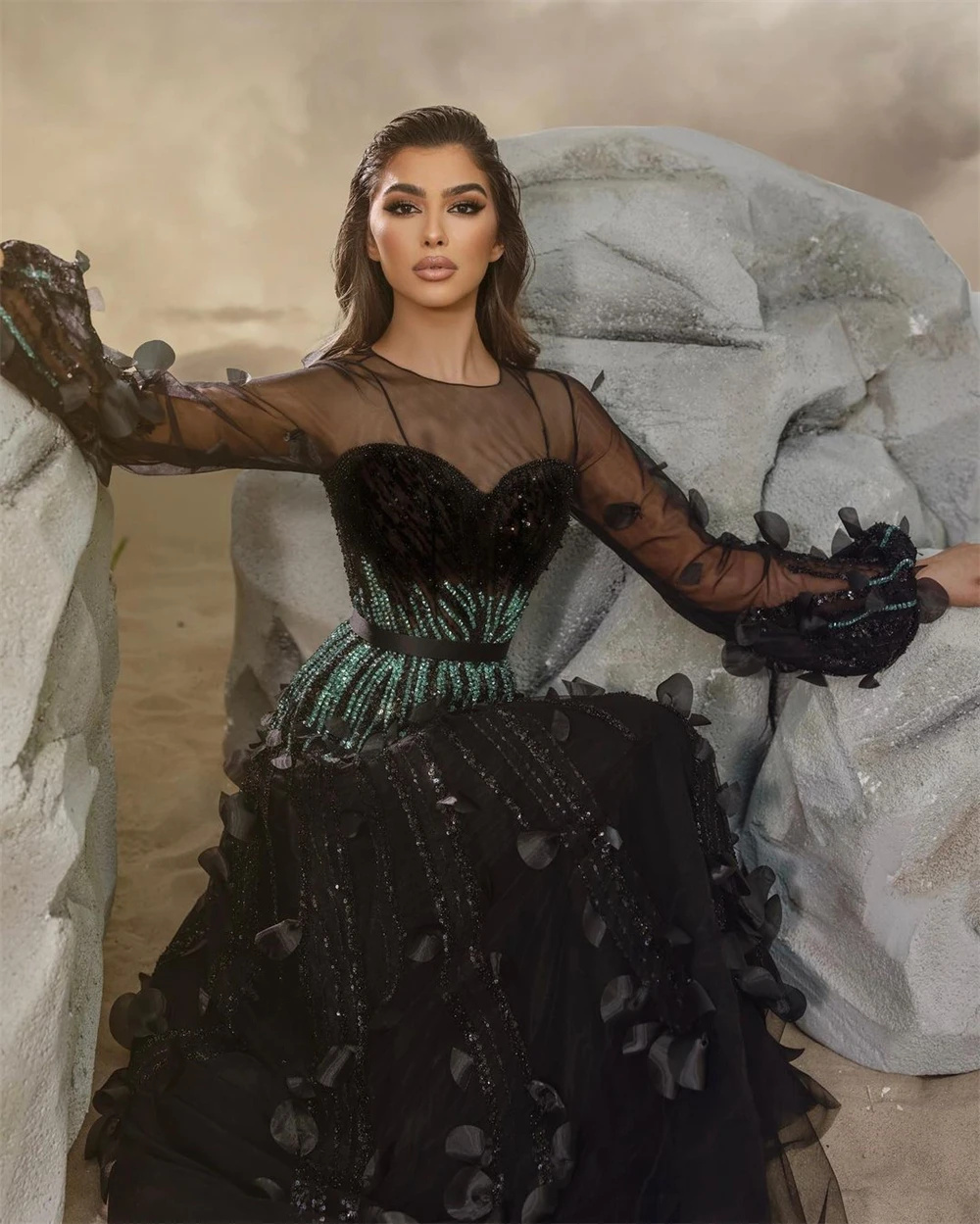Abschluss ballkleid exquisite Boots hals boden länge Langarm A-Linie Empire Chiffon formelle Abendkleider 이브닝드레فستان حفلات الزفاف – Detail 5