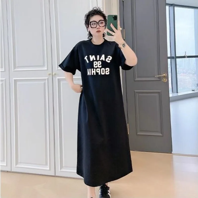 

150kg Extra Large Size Nightgown Women Korean Summer Short Sleeve Loose Home Clothes Letter Print Long T-Shirt Dress Outerwear