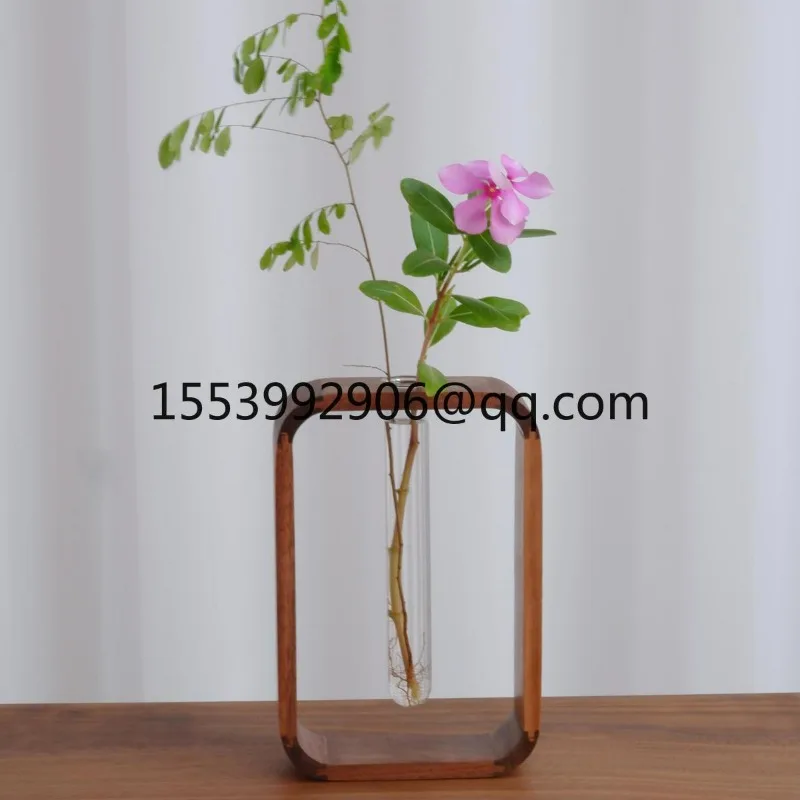 Black walnut solid wood test tube vase living room transparent glass desktop decoration,rich bamboo green dill hydroponic flower