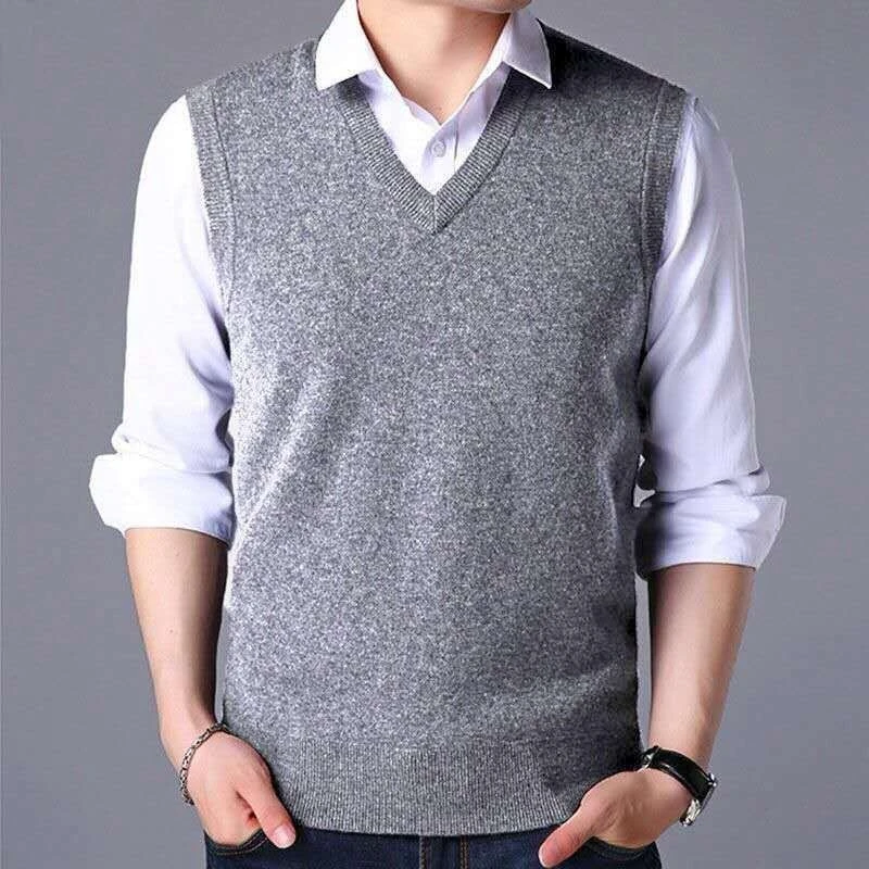 Men's V Neck Knitted Sweater Vest Middle Aged Solid Color Sleeveless Pullover Waistcoat Casual Spring Autumn Sweater Vest