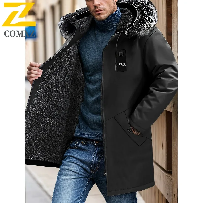 

Men's Long Length Cotton-padded Jacket Winter Hooded Loose Fit Fleece Lined Thickened Warmth Coat Outdoor Sports Fishing Parka