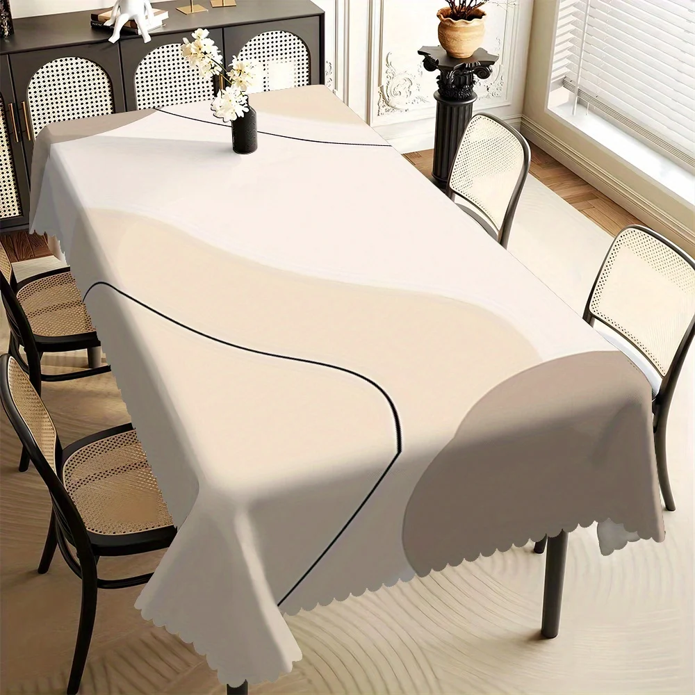 Minimalist Beige Gradient Tablecloth, Abstract Wave Print with Scalloped Edge, Stain Resistant for Dining Room & Modern Decor
