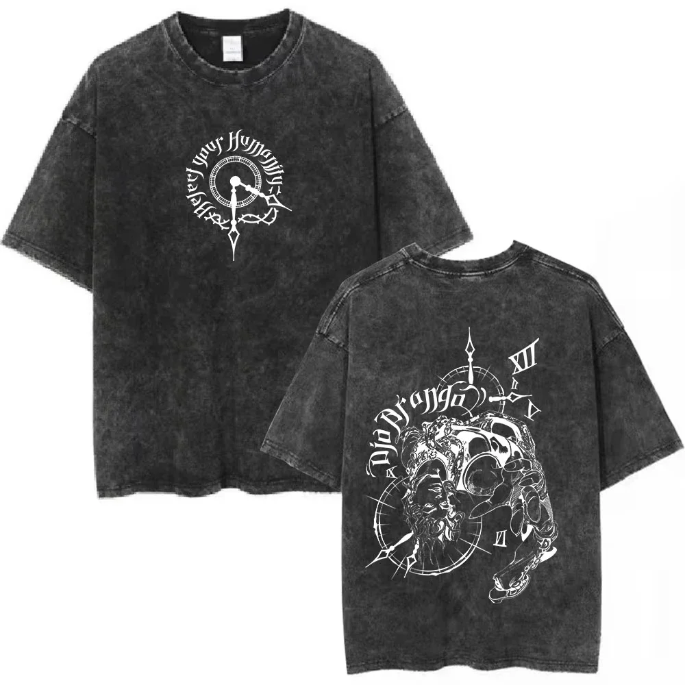 Vintage Washed Anime Jojo Bizarre Adventure T-shirt Giorno Giovanna Manga Graphic T-shirts Men's Clothing Cotton Casual T shirts