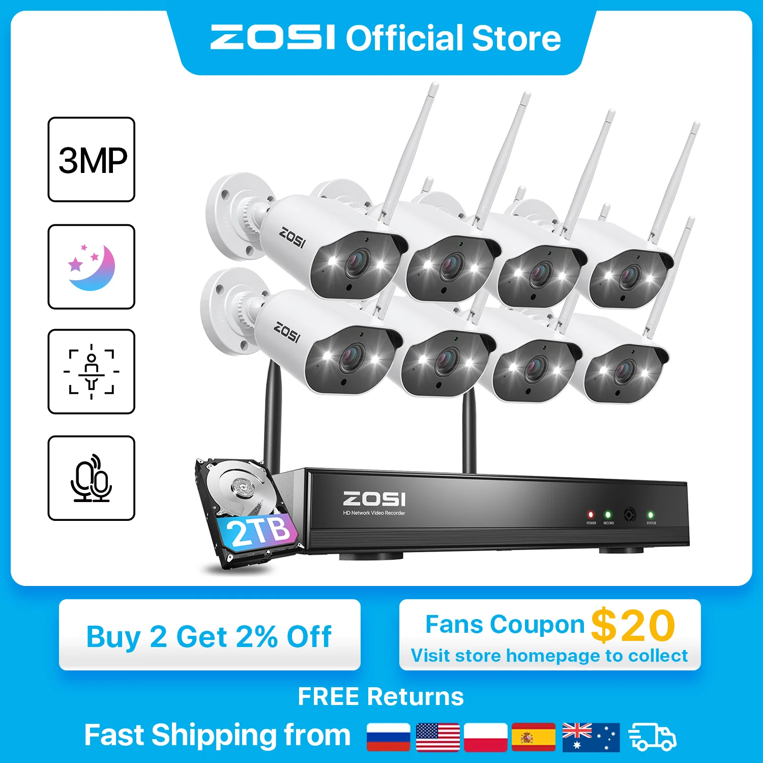 ZOSI WiFi Security Camera System 8CH 2K H265+ Wifi NVR 3MP Outdoor Waterproof CCTV Camera Wireless Surveillance System