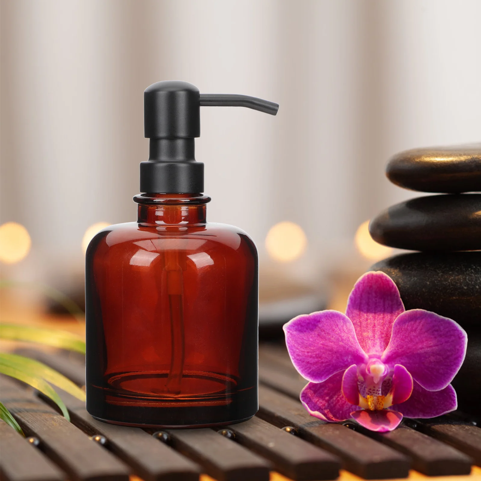 

Stainless Steel and Amber Glass Soap Dispenser Compact Design for Long Term Use Suitable for Shampoo Conditioner Shower Gel