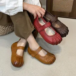 Birkuir Weave Flat Heel Shoes For Women Hollow Out Mary Jane Luxury Shoes Big Head Genuine Leather Hook Loop Shoes For Ladies