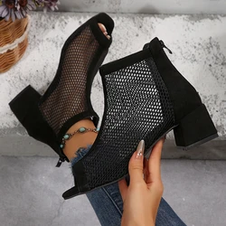 2024 New Summer Women Sandals Boots Fashionable Sports Sexy Mesh Hollow Boots Women Solid Color Square Thick Heel Shoes Women