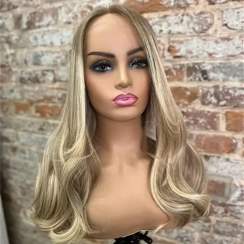 Natural Wave Wig Ombre Ash Blonde Highlights HD Lace Front Wig 150% Density Wig Blend Human Hair High Quality Heat Resistant Wig