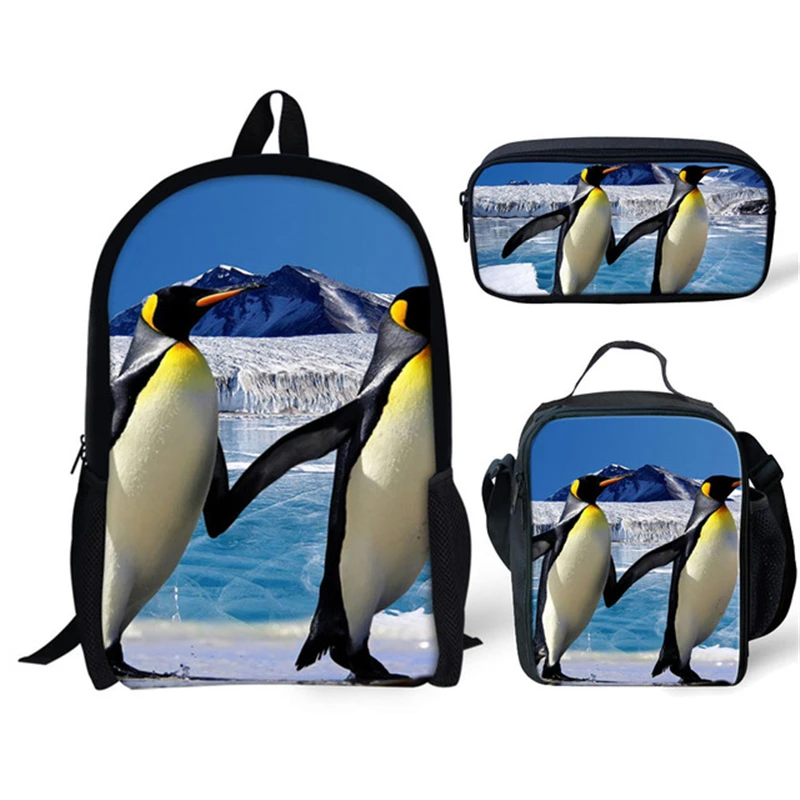 Harajuku Novelty Youthful Cute Penguin 3D Print 3pcs/Set Student Travel bags Laptop Daypack Backpack Lunch Bag Pencil Case