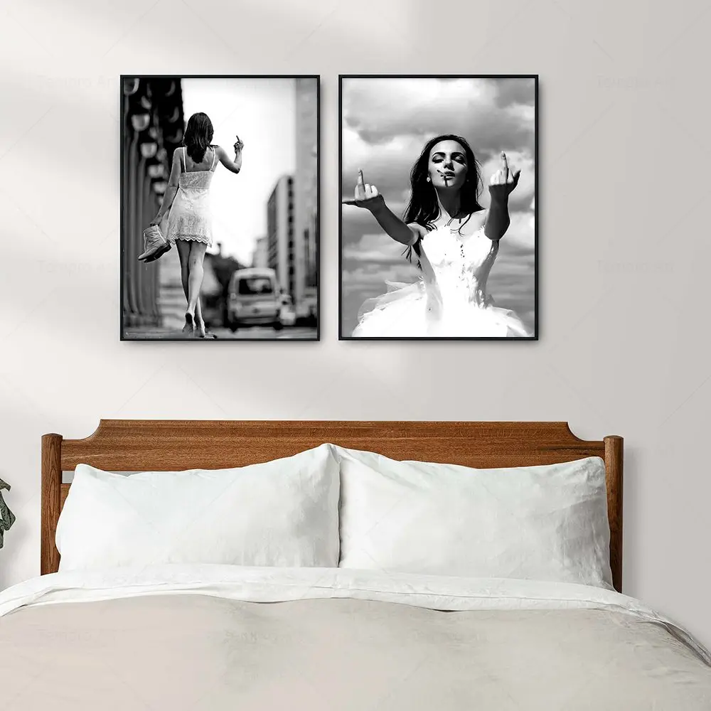 Fashion Black White Photography Poster Sexy Woman Middle Finger Feminist Canvas Painting Wall Art Pictures for Living Room Decor