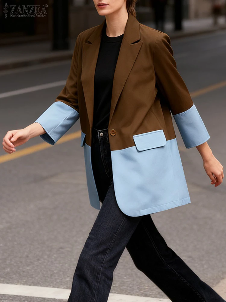 

ZANZEA Women Elegant OL Autumn Blazer 3/4 Sleeve Casual Color Patchwork Fashion Suits Coats 2025 Button Outercoats Streetwear