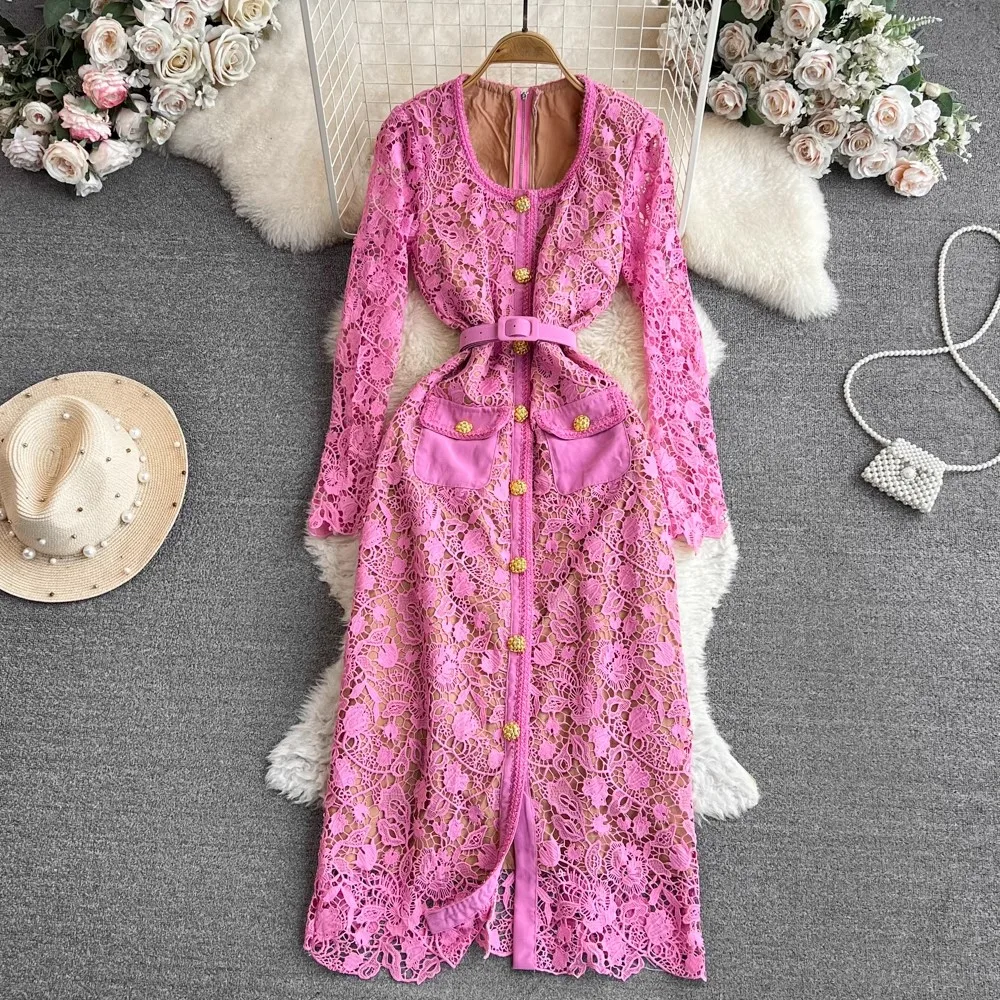 

Luxury High Quality Spring Autumn Women Lace Belt Hollow Out O Neck Long Sleeve Temperament Elegant Casual Party Dresses