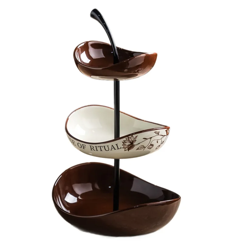 Cherry Skewers Vintage StyleHigh-End Three-Layer Floral Design Fruit Plate Home Restaurant Fruit Basket Multi-Layer Snack Plate