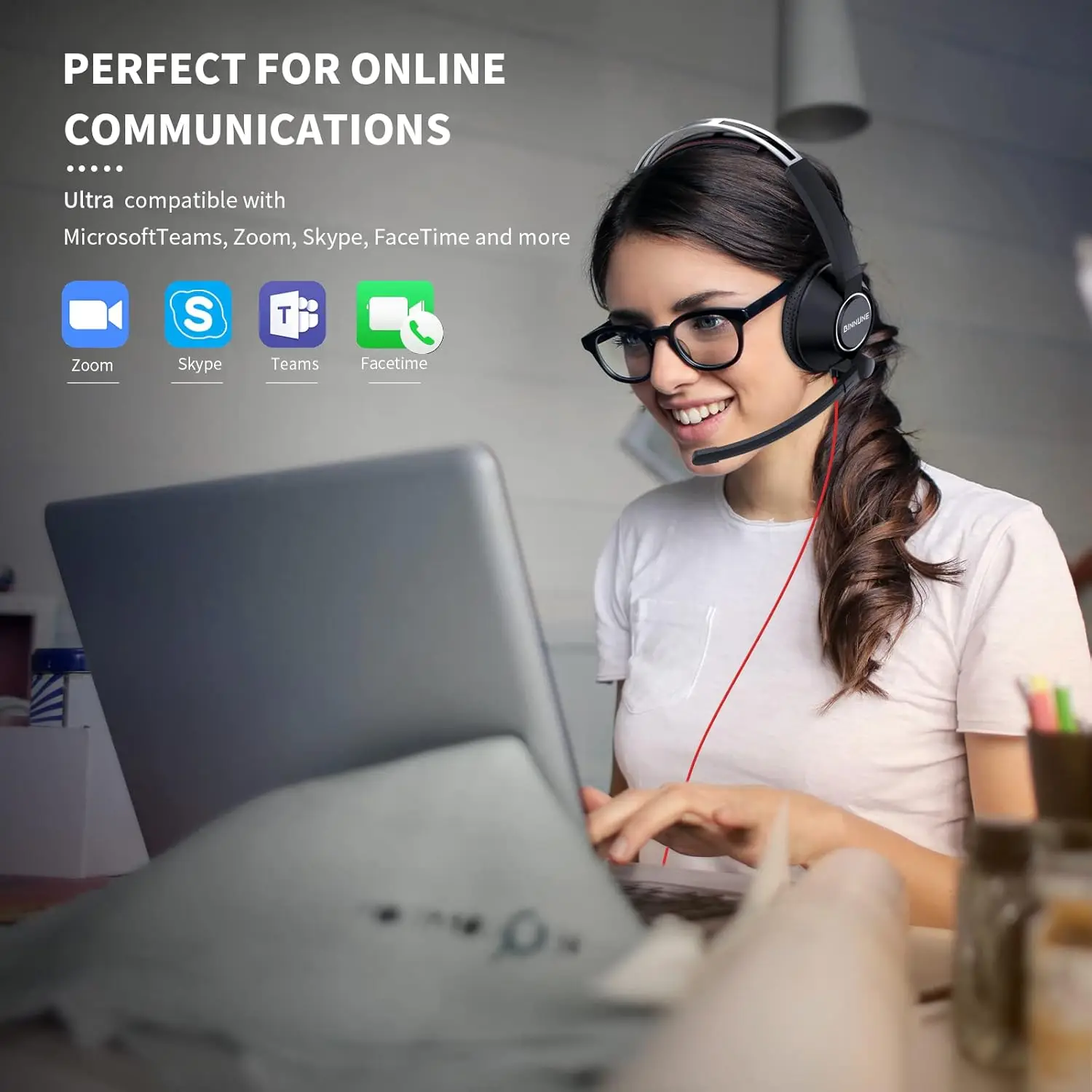 BINNUNE USB-Headset für Büro, Konferenz, Callcenter, Computer, kabelgebundene Arbeitskopfhörer mit geräuschunterdrückendem Mikrofon für Laptop-PC – Detail 4