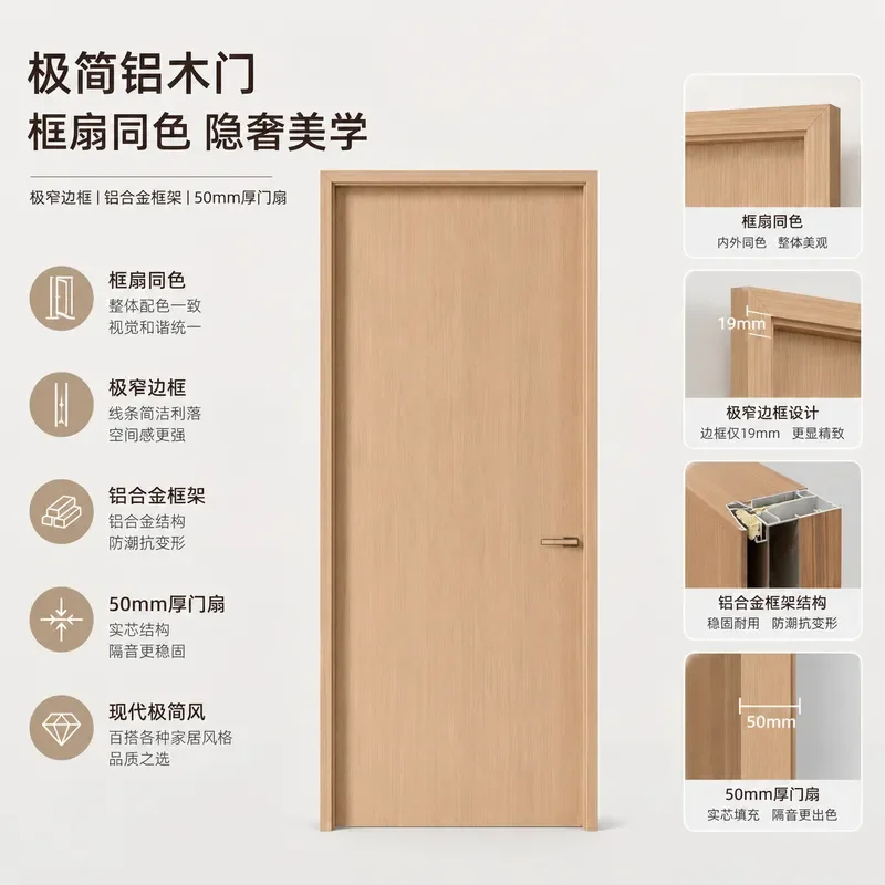 for Minimal Aluminum Wooden Door Italian Simple Bedroom Interior Modern Moisture Proof Sound Insulation Home Improvement