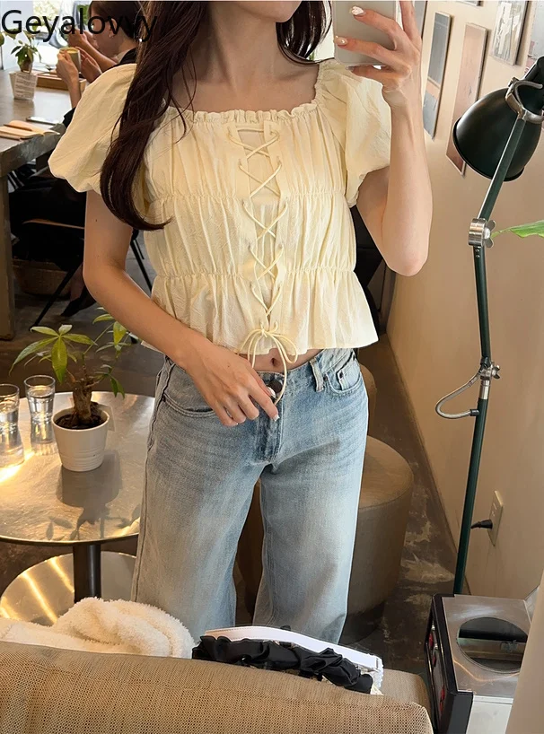 

Summer New 2025 Japanese Sweet Girls Solid Color Blouse Square Neck Shirt Bubble Short Sleeve Drawstring Lace-up Short Tops