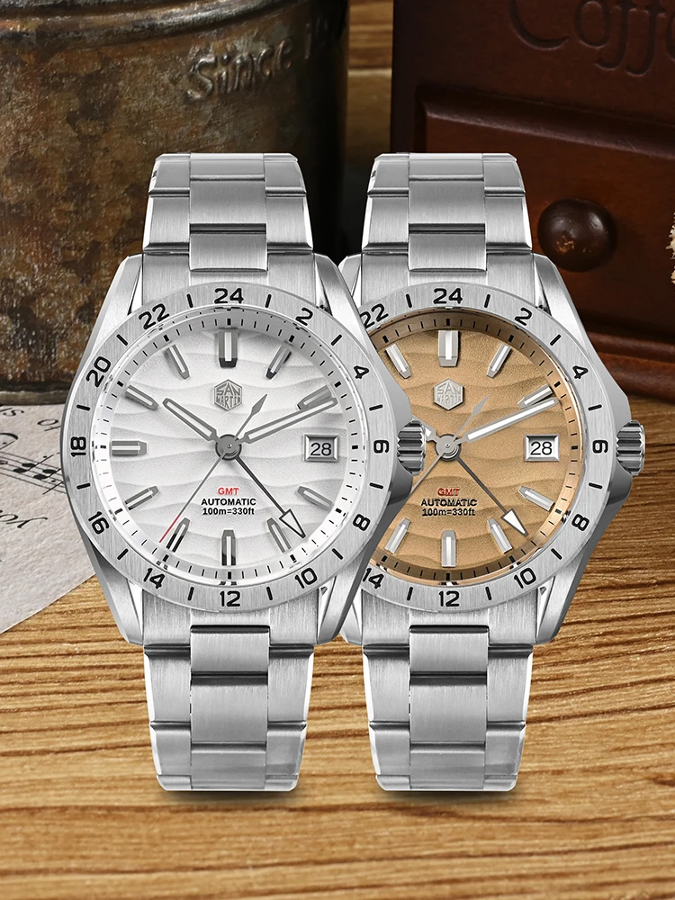 산 마틴 새로운 39mm 사막 질감 럭셔리 남성 비즈니스 드레스 GMT 시계 NH34 자동... - 1