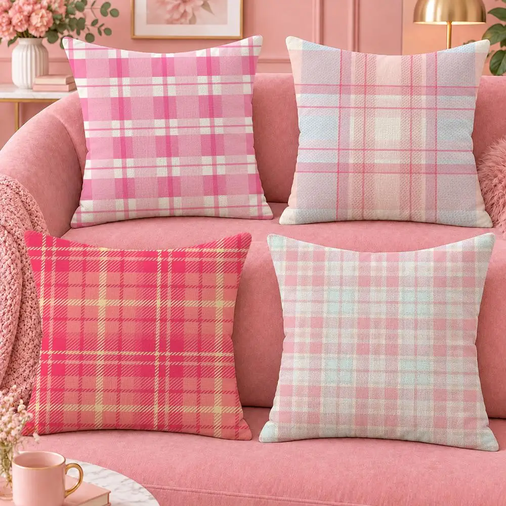 Pattern Pastel Pink Plaid Stripes Cushion Cover Cute Cartoon Throw Pillow Cover Soft Plush Cushion Cover Sofa Bedroom Home Decor