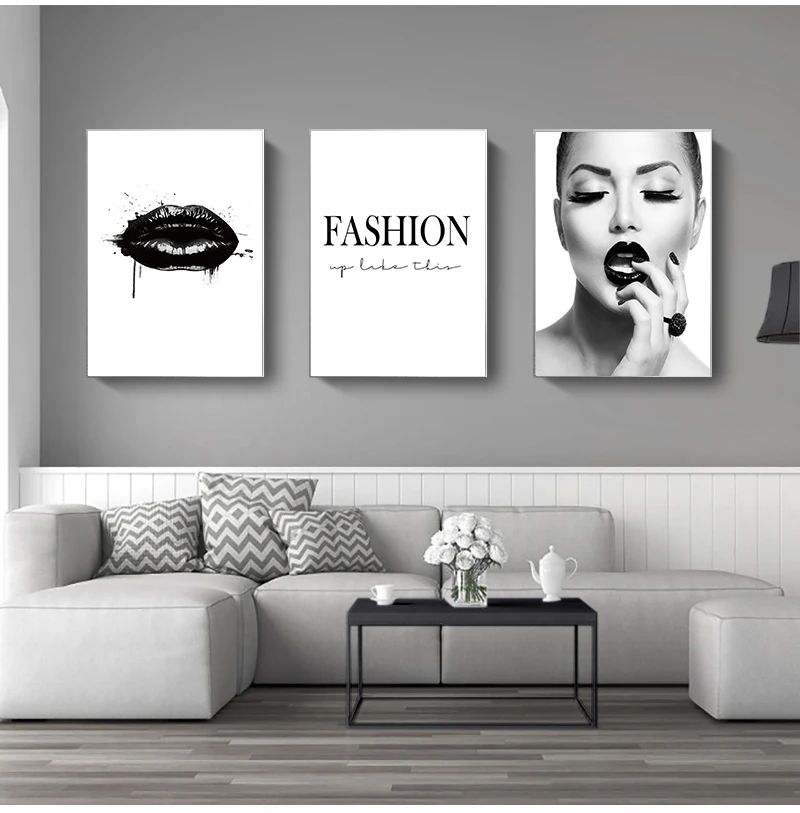 Decor Beauty Print Canvas Art Fashion Painting Wall Picture for Living Room Modern Home Decoration Black Lips Poster Girl Makeup